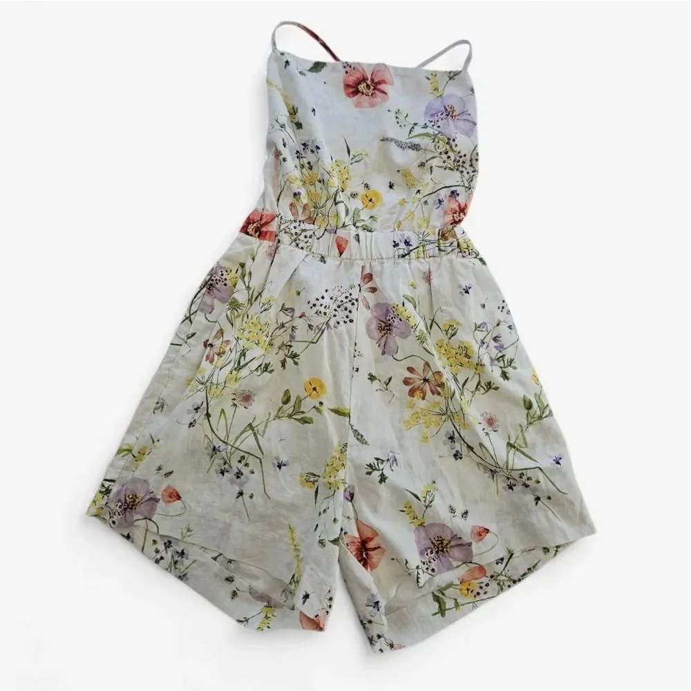 NWT H&M Linen Collection Wildflower Meadow Lace Back Square Neck Floral Romper S